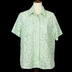 Alfred Dunner Floral Burnout Top Sz 16 Green Metallic Sheer Beach Resort Summer